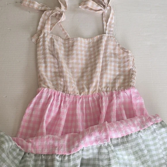 Multicolor Gingham Tiered Sundress XS Cottagecore Bow Strap Dress - Picture 9 of 10